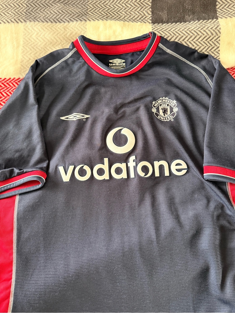 Umbro Navy and Red Manchester United Vodafone 3rd Soccer Jersey